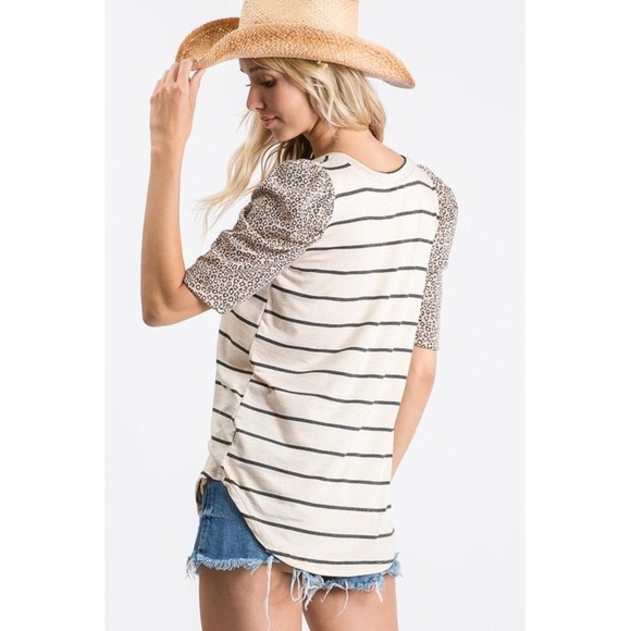 Striped and Leopard Print Sleeve Top - Picture 2 of 7